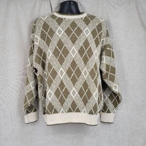 Trader Bay Vintage Argyle Knit Cotton Sweater Crewneck Sage Off White Men's L